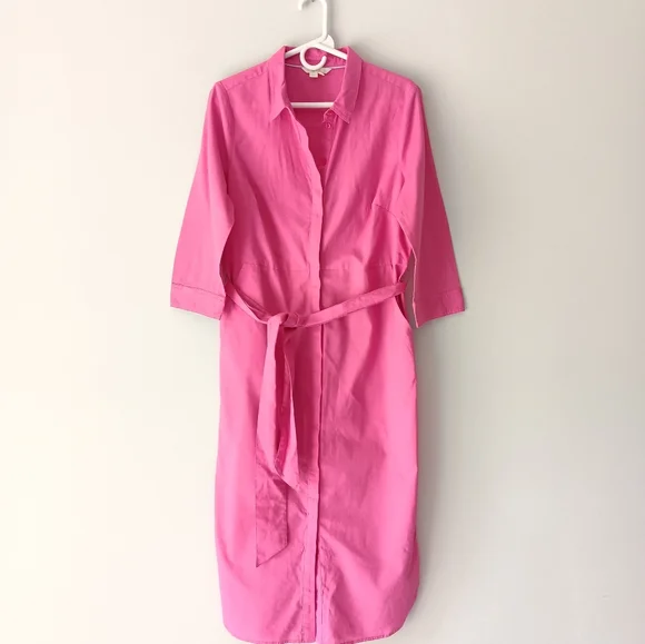 Boden | Dresses | Boden Linen Cotton Midi Shirt Dress 34 Sleeve Button  Front Pink Size 8l | Poshmark